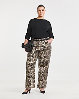 Leopard Print Denim Wide Leg Jeans