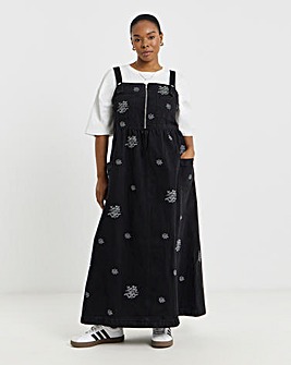 Embroidered Midaxi Denim Pinafore Dress