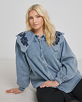 Mid Wash Puff Sleeve Denim Blouse with Embroidered Collar