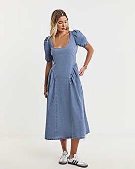 Mid Blue Denim Bow Back Puff Sleeve Dress