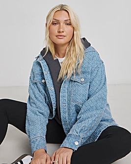 Light Mid Blue Linear Distressed Denim Shacket