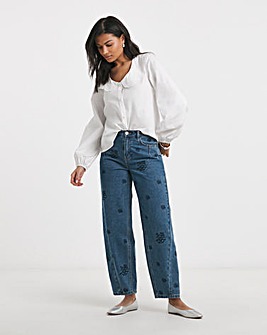 Simply Be Womens Embroidered Barrel Leg Jeans- Mid Wash