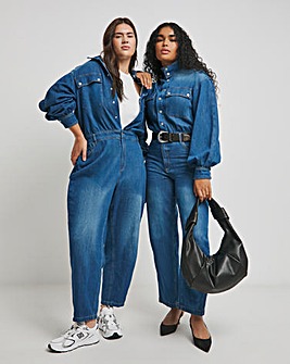 Mid Wash Authentic Look Drape Denim Jumpsuit