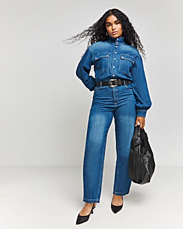 Mid Wash Authentic Look Drape Denim Jumpsuit