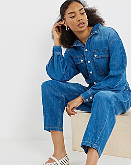 Mid Wash Authentic Look Drape Denim Jumpsuit