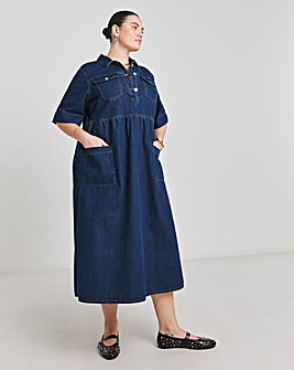 Indigo Half Sleeve Denim Midaxi Dress