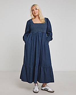 Dark Blue Shirred Maxi Smock Dress