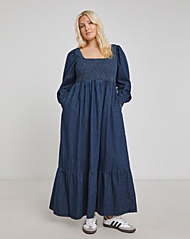 Dark Blue Denim Shirred Maxi Smock Dress