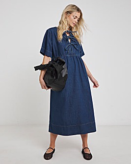 Mid Blue Tie Front Midi Dress