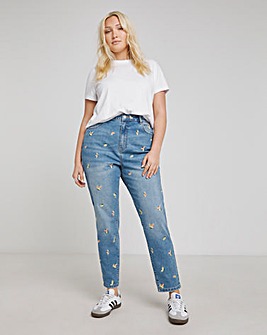 Mid Blue Fruit Embroidered Slim Mom Jeans