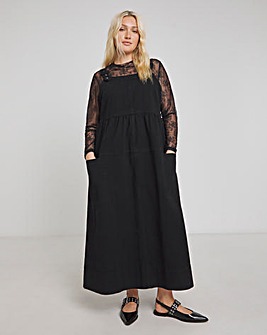 Black Covered Buckle Denim Dungaree Midaxi Dress