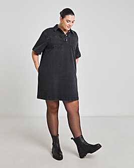 Black Boxy Denim Short Dress