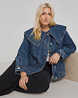 Mid Blue Statement Collar Demim Jacket