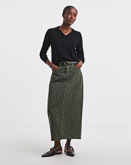 Khaki Leopard Denim Midaxi Skirt