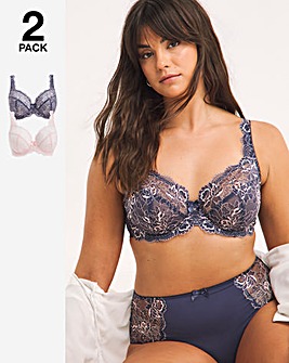 Pretty Secrets 2 Pack Ella Lace Full Cup Wired Bras B-J - Navy/Pink