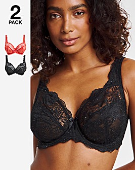 Pretty Secrets 2 Pack Ella Lace Full Cup Wired Bras B-J - Black Sparkle/Red