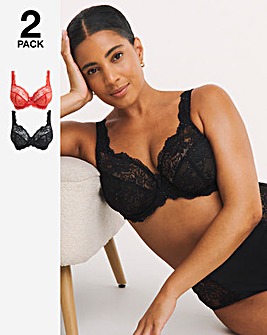 Pretty Secrets 2 Pack Ella Lace Full Cup Wired Bras B-J - Black Sparkle/Red