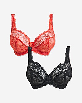 Pretty Secrets (2 Pack) Ella Lace Full Cup Wired Bras (B-J) Black Sparkle/Red