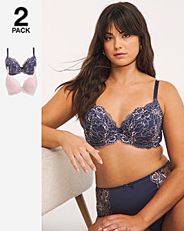 Pretty Secrets 2 Pack Ella Lace Padded Plunge Wired Bras - Navy/Pink