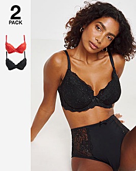 Pretty Secrets 2 Pack Ella Lace Padded Plunge Wired Bras B-J - Black Sparkle/Red