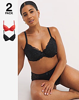 Pretty Secrets 2 Pack Ella Lace Padded Plunge Wired Bras B-J - Black Sparkle/Red