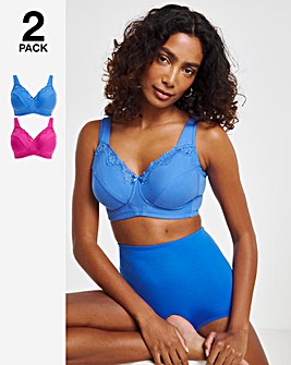 Pretty Secrets 2 Pack Full Cup Non Wired Cotton Bras B-G Cerise/Blue