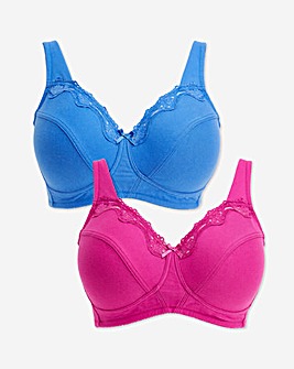 Pretty Secrets (2 Pack) Full Cup Non Wired Cotton Bras (B-G) Cerise/Blue