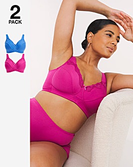 Pretty Secrets 2 Pack Sarah Full Cup Non Wired Cotton Bras B-G- Cerise/Blue