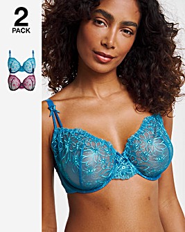 Pretty Secrets 2 Pack Emily Everyday Embroidery Bras B-F - Navy/Blue