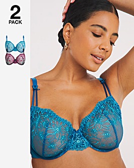 Pretty Secrets 2 Pack Emily Everyday Embroidery Bras B-F - Navy/Blue