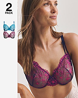 Pretty Secrets (2 Pack) Emily Everyday Embroidery Bras (B-F) Navy/Blue