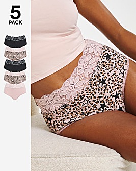 Pretty Secrets 5 Pack Lace Top Full Fit Brief Knickers - Animal Multi