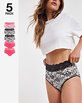 Pretty Secrets 5 Pack Lace Top Full Fit Brief Knickers - Pink Floral