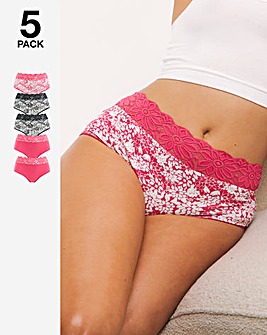 Pretty Secrets 5 Pack Lace Top Full Fit Brief Knickers - Pink Floral