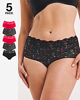 Pretty Secrets 5 Pack Lace Top Full Fit Brief Knickers - Christmas