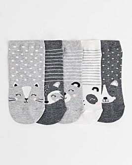 5 Pair Pack Trainer Liner Socks Wide Fit - Grey Animal