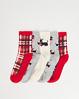 5 Pair Pack Christmas Dog Ankle Socks Wide Fit