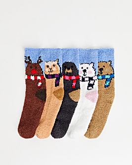 5 Pack Fluffy Thermal Socks - Animal