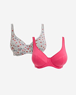 Slimma 2 Pack Cotton Wired Full Cup Bras B-G -Grey Floral/Pink