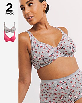 Slimma 2 Pack Cotton Wired Full Cup Bras B-G -Grey Floral/Pink