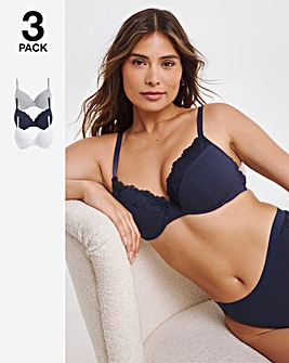 Pretty Secrets 3 Pack Harper Lace Ribbed T-Shirt Bras B-F Navy/White/Grey