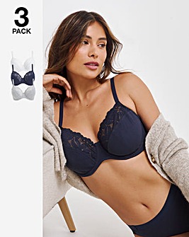 Pretty Secrets 3 Pack Harper Lace Ribbed Full Cup Bras B-G - Navy/White/Grey