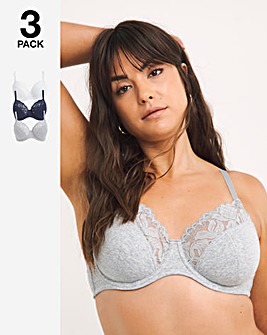 Pretty Secrets 3 Pack Harper Lace Ribbed Full Cup Bras B-G - Navy/White/Grey