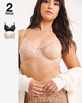 Pretty Secrets 2 Pack Daisy Lace Full Cup Bras B-G - Black/Almond