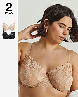 Pretty Secrets (2 Pack) Daisy Lace Full Cup Bras (B-G) Black/Almond