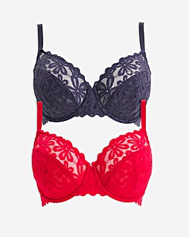 Pretty Secrets 2 Pack Daisy Lace Full Cup Bras B-G - Grey/Red