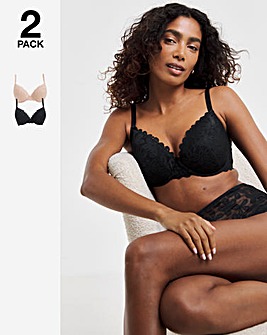 Pretty Secrets 2 Pack Daisy Lace Plunge Bras B-F - Black/Almond