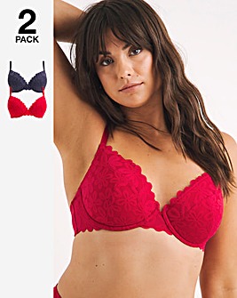 Pretty Secrets 2 Pack Daisy Lace Plunge Bras B-F - Grey/Red