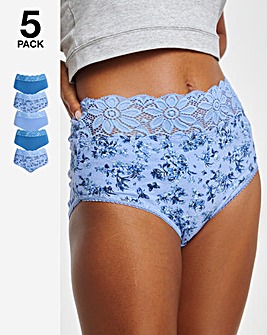 Pretty Secrets 5 Pack Lace Top Full Fit Brief Knickers - Blue Floral