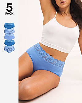 Pretty Secrets 5 Pack Lace Top Full Fit Brief Knickers - Blue Floral